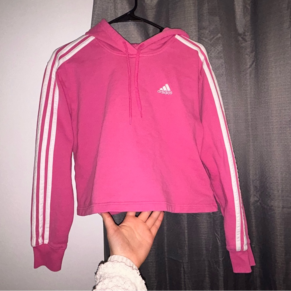 Adidas Crop Top Hoodie in Bright Pink with White Stripes